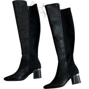 DKNY Chandrah Tall Square Toe Boots Black Faux Leather Zip Metal Heel Shoe 6 NEW